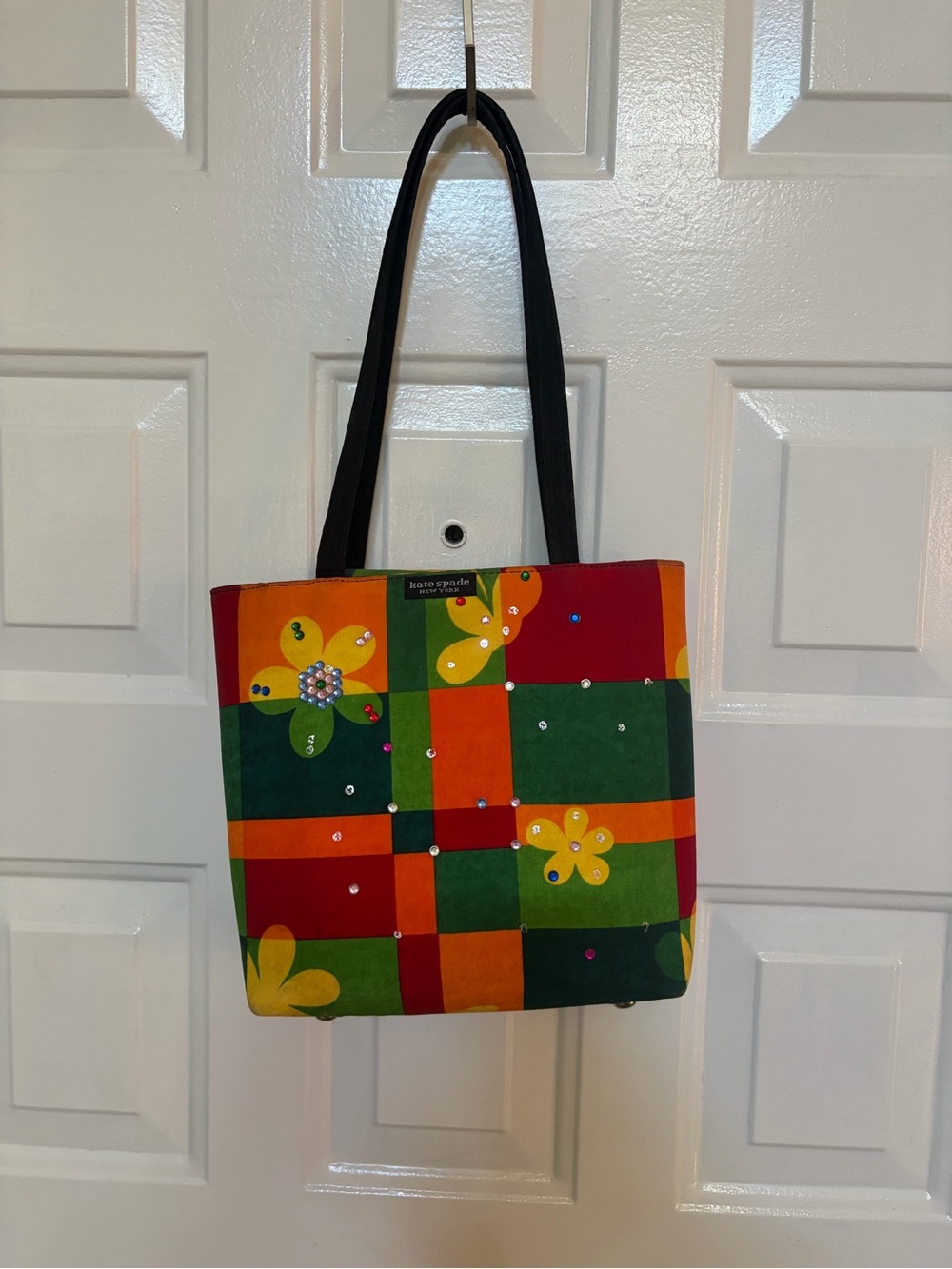 Vintage Kate Spade patchwork plaid flower crystal embellished tote bag colorful